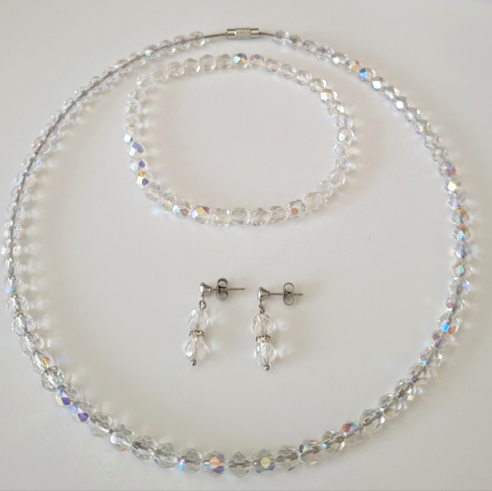 Czech Clear AB Faceted Firepolish Necklace, Bracelet and Earrings Set, Sets